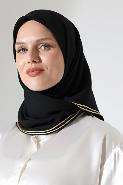 ihvan online وشاح شيفون مسطح بتصميم ملتف مع حواف مزخرفة - أسود