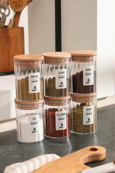 Poomy Patterned Spice Jar Set with Wooden Lid 6 Pieces, Mica Storage Jar with...