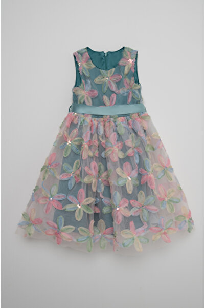 Yola Girls Sleeveless Dress with Floral Lace Detail and Round Neck