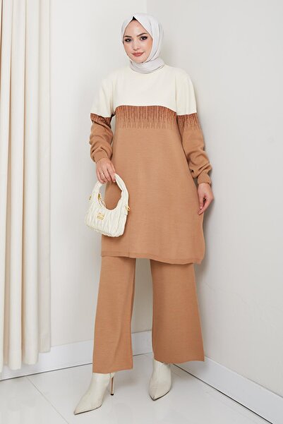 FATELLA Kadın Vizon Krem Simli Desenli Triko Tunik – Uzun Kol Rahat Kalıp