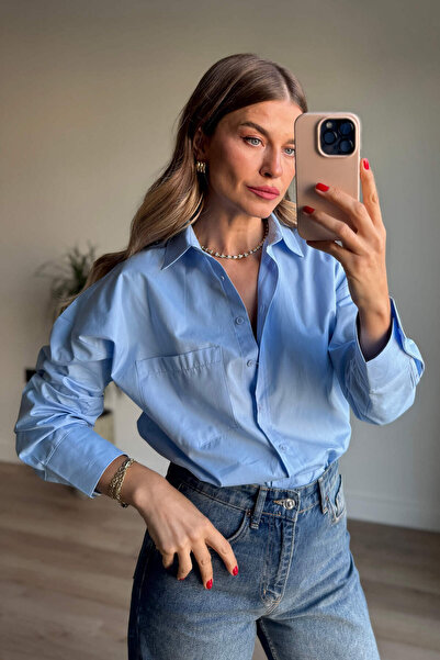 Sue Store Πουκάμισο Oversize με λεπτομέρεια τσέπης σε ανοιχτό μπλε χρώμα