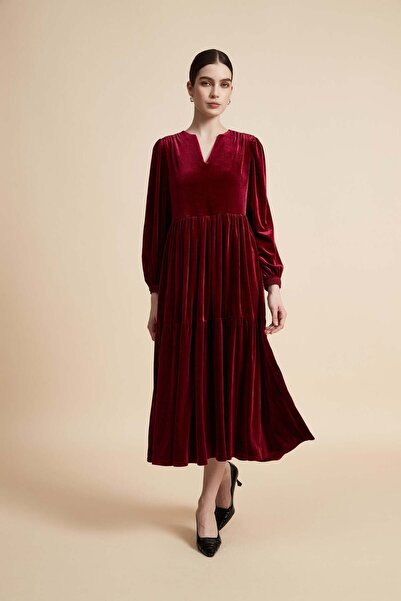 Yola Solid Ruffled Long Sleeve Midi Dress