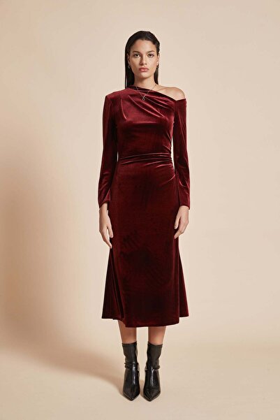 Yola Plain Off-Shoulder Midi Women's Dress with Long Sleeves