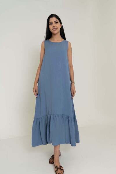 Yola Sleeveless Plain Midi Dress with Ruffled Hem