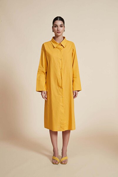 Yola Midi Dress with Shirt Collar and Long Sleeves