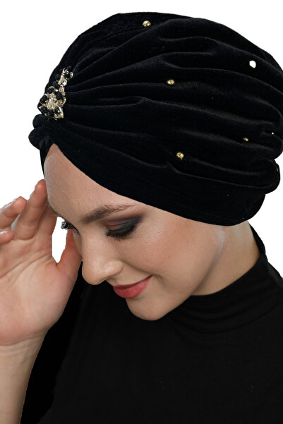 fidan bone Velvet Special Design Beaded and Sprinkled Bead Embroidered Lined Ready-To-Wear Turban Hijab