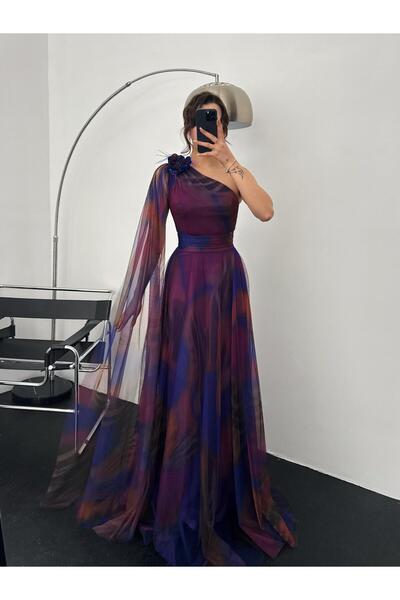 OYKUWEAR Dimitri Tek Omuz Gül Detay Tül Mor-Kahve Abiye