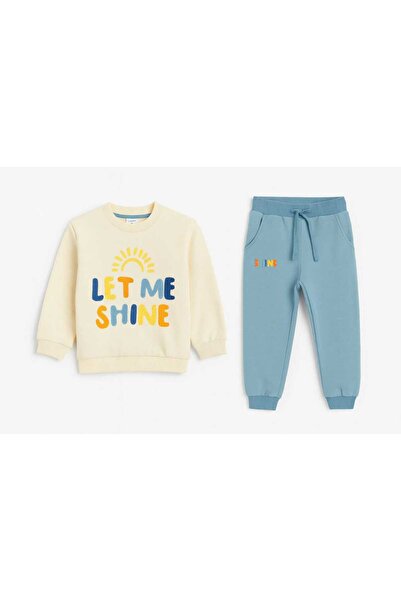 Uğur bebe Children's Tracksuit Set with Curl Embroidery, Chenille Embroidery, Colorful Text Print, Sweatshirt Bottom, Casual Wear