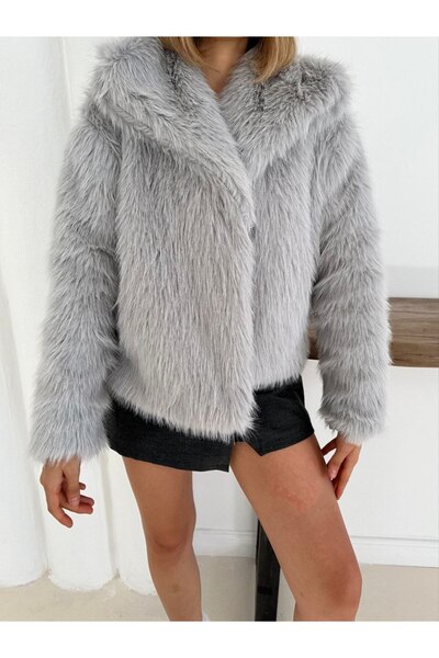 LE CARAMBOLE Women's Gray Button Detailed Fur Coat