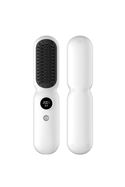 OEM Electric Hair Straightener Brush Wireless Negative Ions 3 Temperature Settings LED Display White