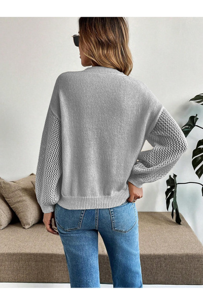 AQE FASHION Women's Openwork Sleeves Collar Mesh Pattern Crew Neck Hair Knitwear Sweater Light Gray