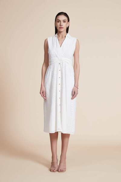 Yola Plain Midi Dress with V-neck and Sleeveless
