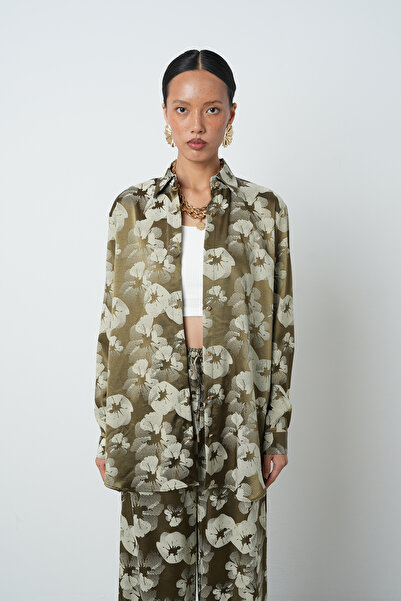 Orfeo Negro Women's Khaki - Beige Color Patterned Oversize Cut Hijab Shirt