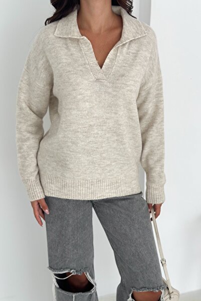 FEMELLE Beige Women's Polo Neck Oversize Knit Sweater - Standard Size Soft Te...