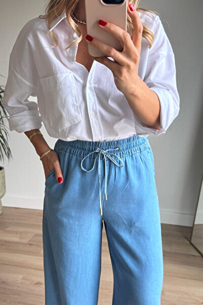 Sue Store Blugi albastru cu talie elastică, model casual, pantaloni subțiri