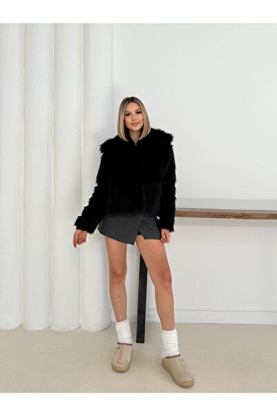 MODAMERSİ Women's Black Button Detailed Fur Coat