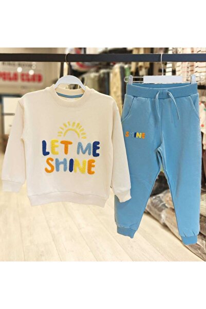 Uğur bebe Children's Tracksuit Set with Curl Embroidery, Chenille Embroidery, Colorful Text Print, Sweatshirt Bottom, Casual Wear