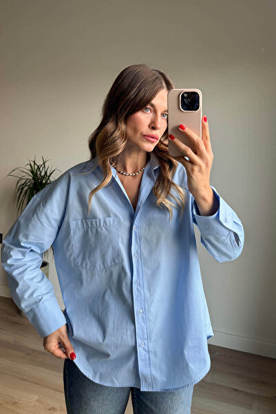 Sue Store Πουκάμισο Oversize με λεπτομέρεια τσέπης σε ανοιχτό μπλε χρώμα