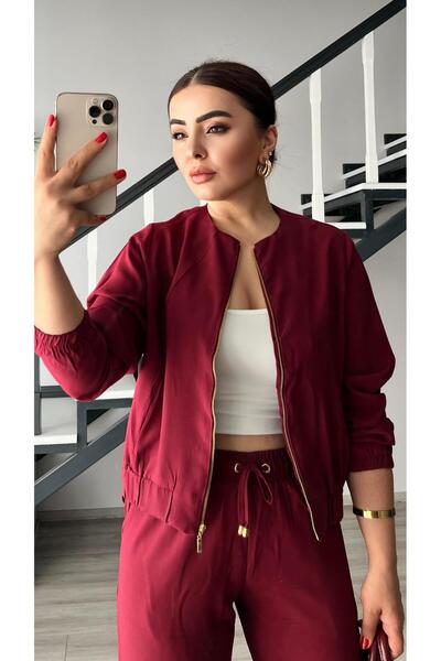 Oslove Burgundy zipper jacket-pant tensl fabric set