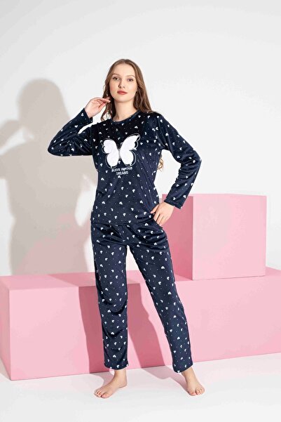 Tarık Women's 100% Cotton French Velvet Navy Blue Butterfly Pattern Crew Neck Long Sleeve Pajama Set