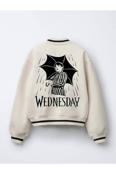 Butik Kız çocuk wednesday Baskılı bomber-Kolej ceket(içi tüylü,yumuşacık) ARKA BASKI DETAYLI ,OVERSİZE