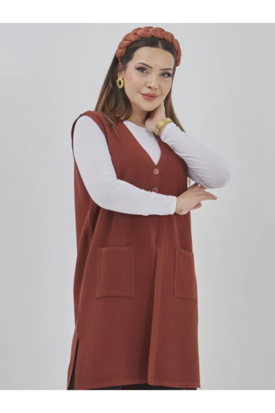 Fresh&Moda Women's Long Seasonal Knitwear Lycra Flexible Pocket Buttoned Vest