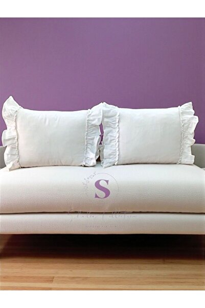 shules collection White Linen Bohemian Ruffled Vintage 2-Piece Rectangular Throw Pillow Cover