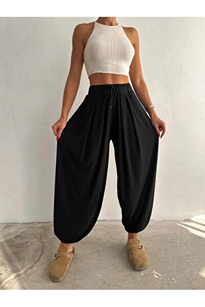 Mivelya Kadın Modal Kumaş Rahat Kesim Şalvar Pantolon Yüksek Bel Dökümlü& Cepli