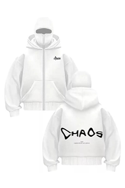 Gofeel Cardigan unisex cu imprimeu Harajuku White Chaos și mască de zăpadă