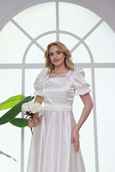 ASLIHANGÜNER MARİBEL SATEN MİDİ KARE YAKA KISA KOLLU ABİYE MEZUNİYET DAVET ELBİSESİ