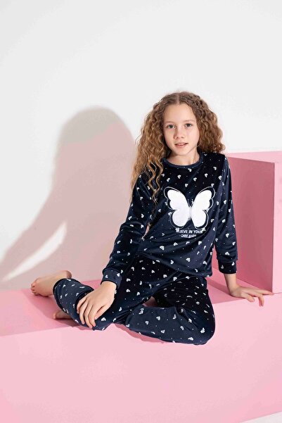 Tarık Women's 100% Cotton French Velvet Navy Blue Butterfly Pattern Crew Neck Long Sleeve Pajama Set