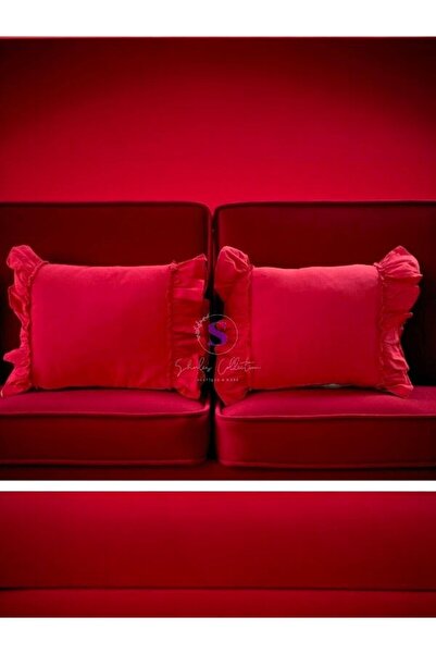 shules collection Red Linen Bohemian Ruffled Vintage 2-Piece Rectangular Throw Pillow Cover