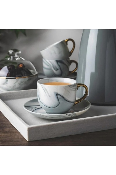 LA MESA Tea Cup & Saucer Set 12 Pieces Grey Marble With Gold