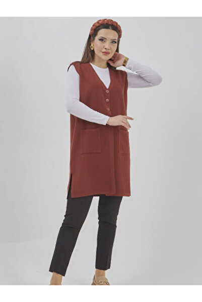 Fresh&Moda Women's Long Seasonal Knitwear Lycra Flexible Pocket Buttoned Vest