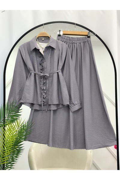 YEDİLALE Sav.Aroski̇ Stone-Embellished Waist-Tie Shirt Skirt Dual-Piece Set [38-46 Size Range]