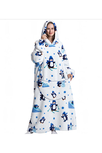 WildFashion Long, fluffy lounge dress with penguin print and attached hood PJM265-2 Universal