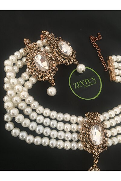 ZEYTUN Vintage Pearl Necklace & Earring Set – 4 Rows of Glass Pearls, Special Occasion Jewelry Set with Stones