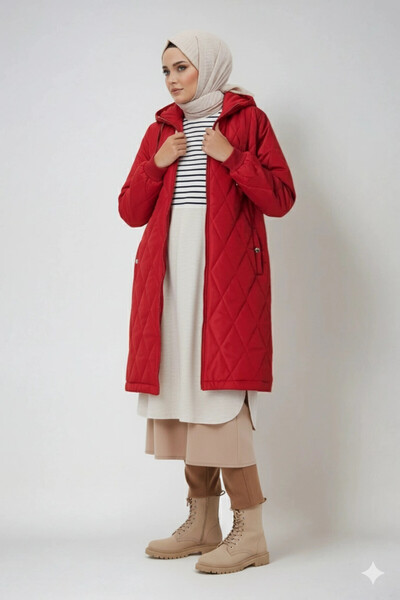 hazelin Women's Burgundy Long Quilted Lined Puffer Hijab Coat Hzl25W-Bd151381
