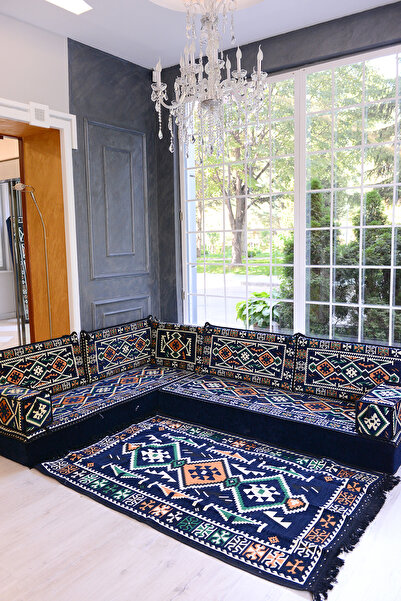 BAKIRÖZÜ HOME Şark Köşesi Takımı Lacivert Anadolu Modeli 10 Parça (20 CM MİND...