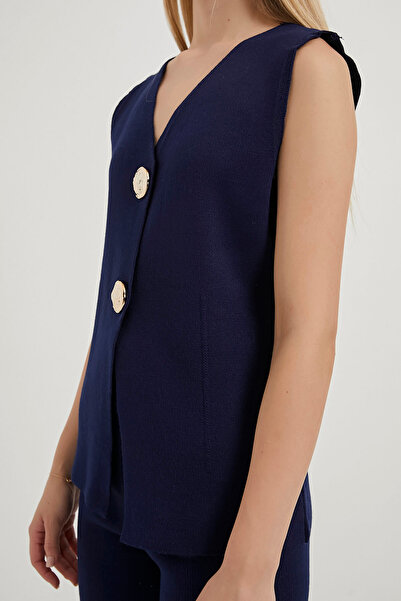 Arma Life Women's V-Neck Vest Loose Pants Knitwear Navy Blue Two-Piece Set