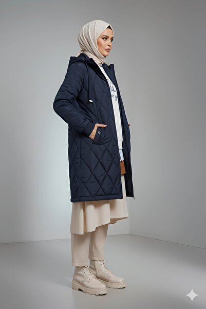 hazelin Women's Navy Blue Long Quilted Lined Puffer Hijab Coat Hzl25W-Bd151381