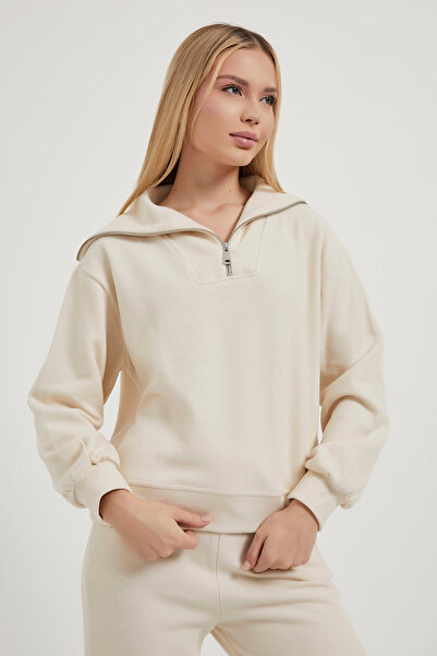Arma Life Kadın Yarım Fermuarlı Basic Bol Krem Sweatshirt