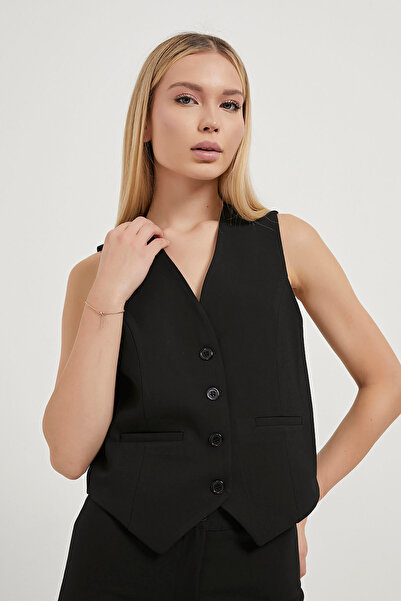 Arma Life Women's Buttoned Lined Thick Strap Black Crop Vest