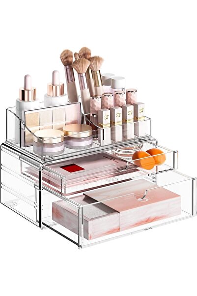 Slasa منظم مكياج شفاف بثلاث طبقات مع أدراج، صندوق تخزين مستحضرات تجميل أكريلي...