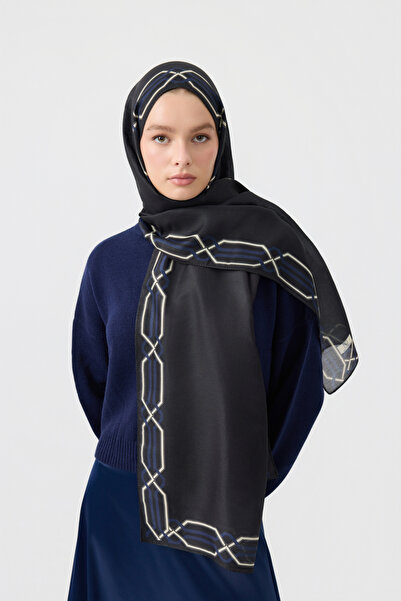 Qef شال قطني من نسيج التويل باللون الأزرق الداكن