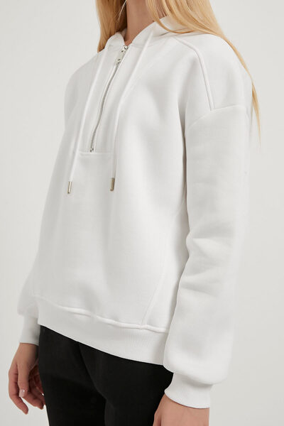 Arma Life Women's Half Zipper Hooded White Loose Sweatshirt