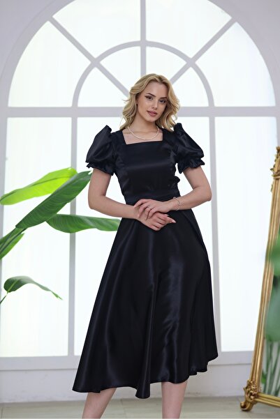 ASLIHANGÜNER MARİBEL SATEN MİDİ KARE YAKA KISA KOLLU ABİYE MEZUNİYET DAVET ELBİSESİ