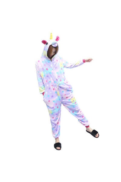 WildFashion Pijama pufoasa tip salopeta kigurumi, model unicorn cu stelute, PJM157A-10