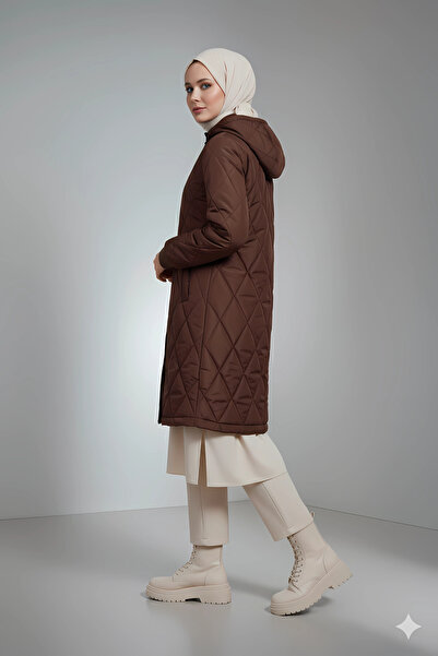 hazelin Women's Brown Long Quilted Lined Puffer Hijab Coat Hzl25W-Bd151381