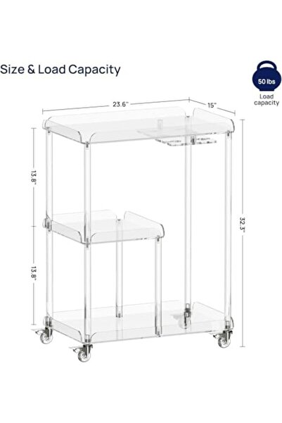 Slasa 3-Tier Acrylic Bar Cart with Lockable Wheels, Clear Rolling Beverage Serving Cart, Modern Stor